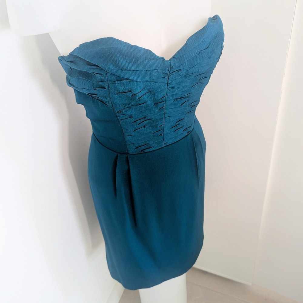 REBECCA MINKOFF NWOT Teal Silk Strapless Dress With Pleated Bodice; Size 2